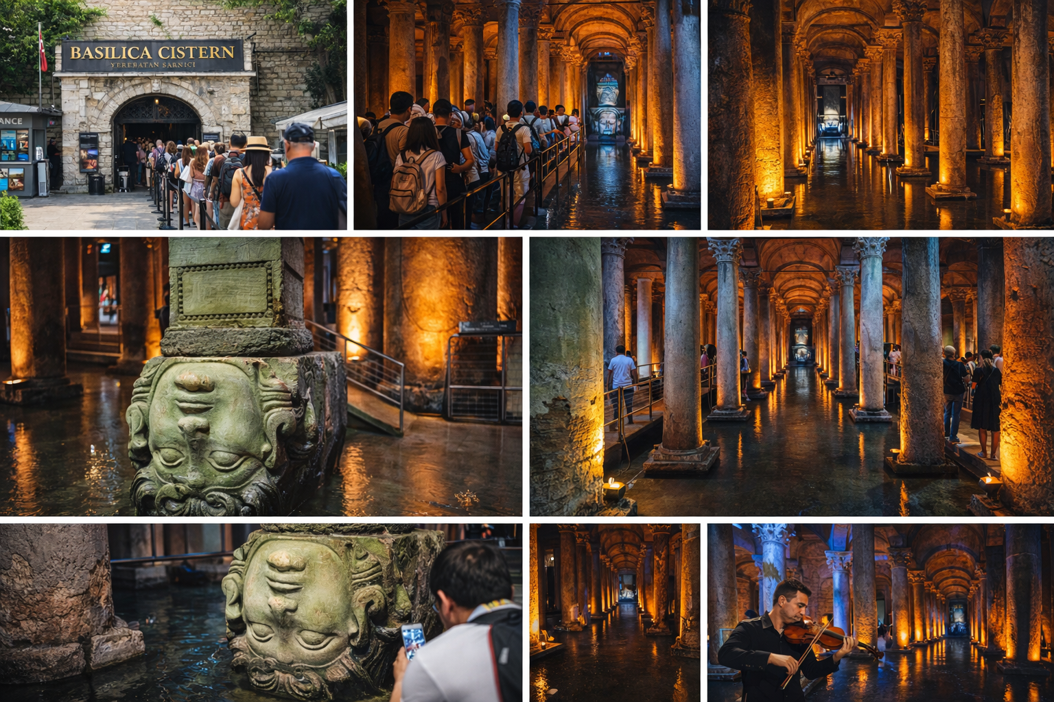 Basilica Cistern gallery showing columns, Medusa heads, and interior atmosphere