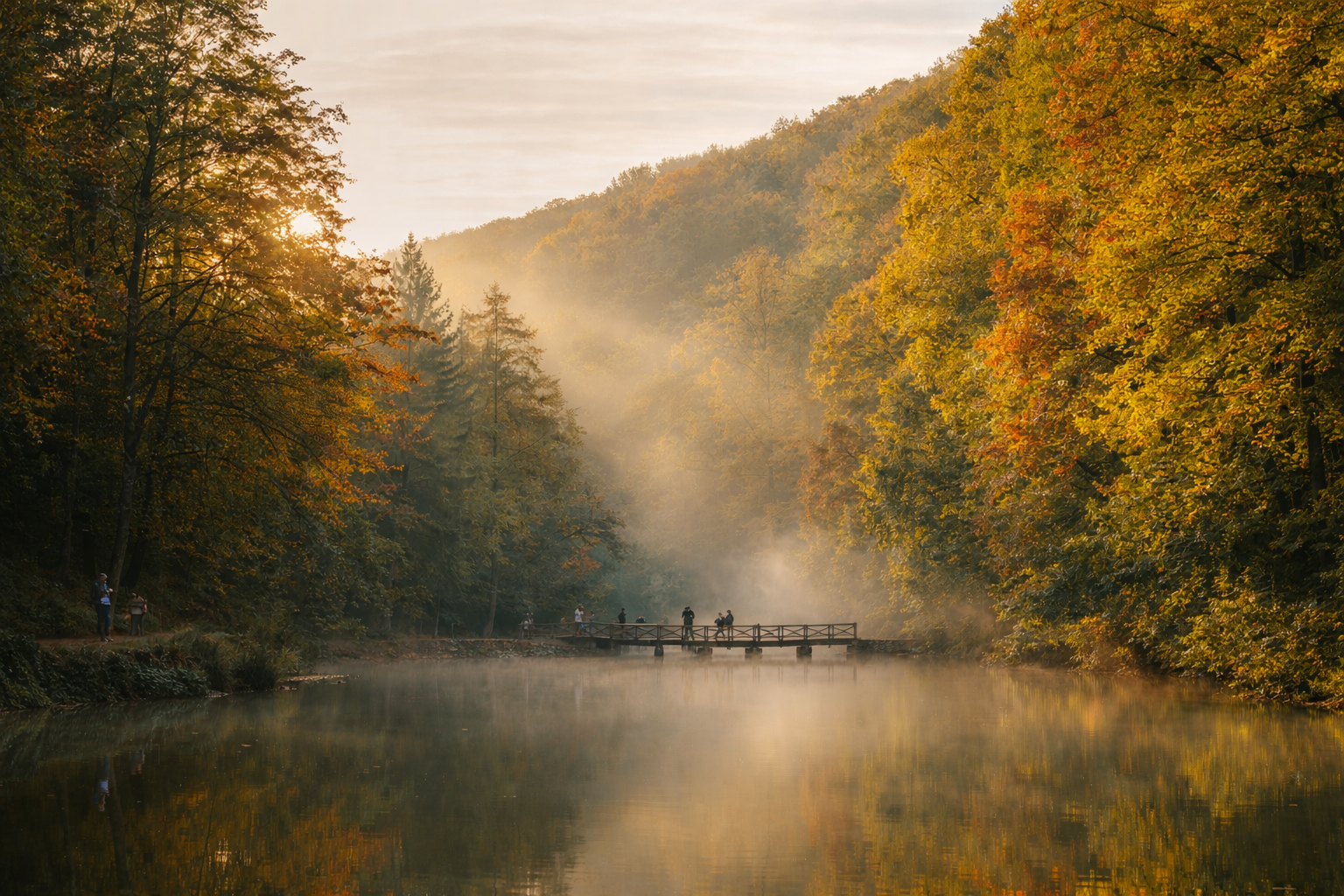 Misty lake and autumn trees in Belgrad Forest, Istanbul