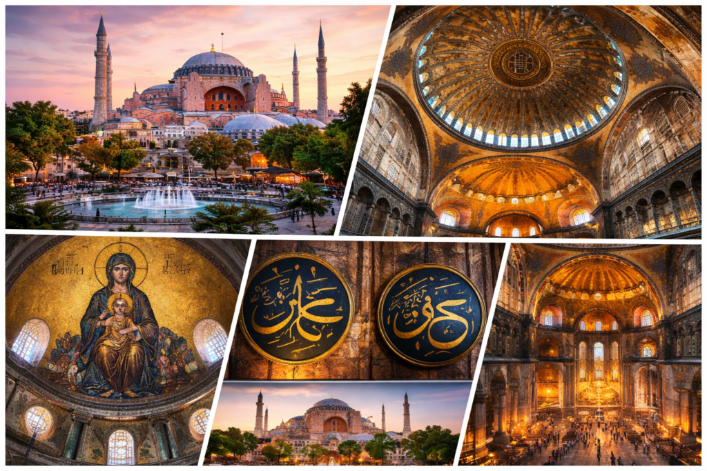 Panoramic collage of Hagia Sophia’s exterior and interior details.