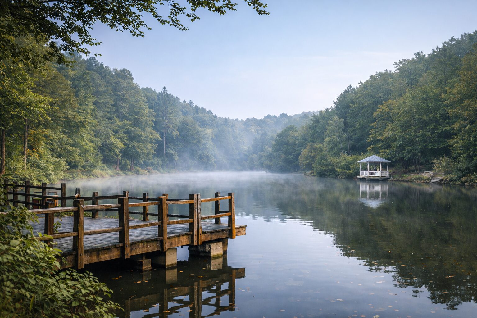 Misty lake and wooden boardwalk at Atatürk Arboretum, surrounded by lush trees and calm reflections