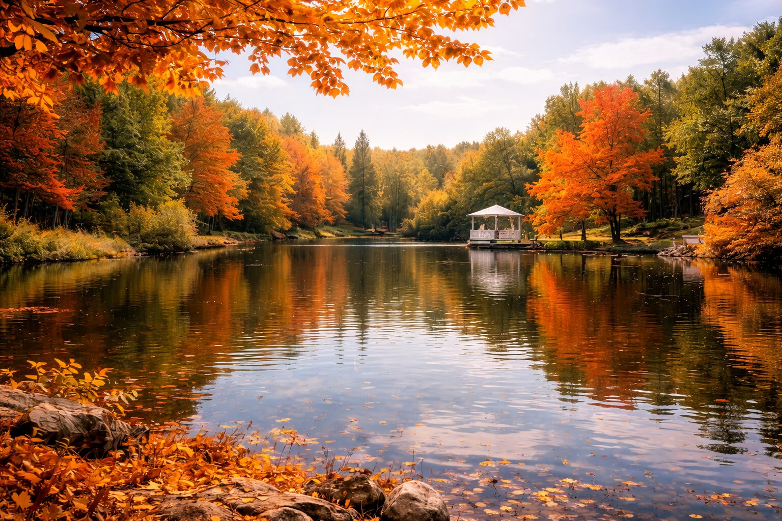 Autumn lake view at Atatürk Arboretum with colorful trees and a white gazebo reflected in calm water
