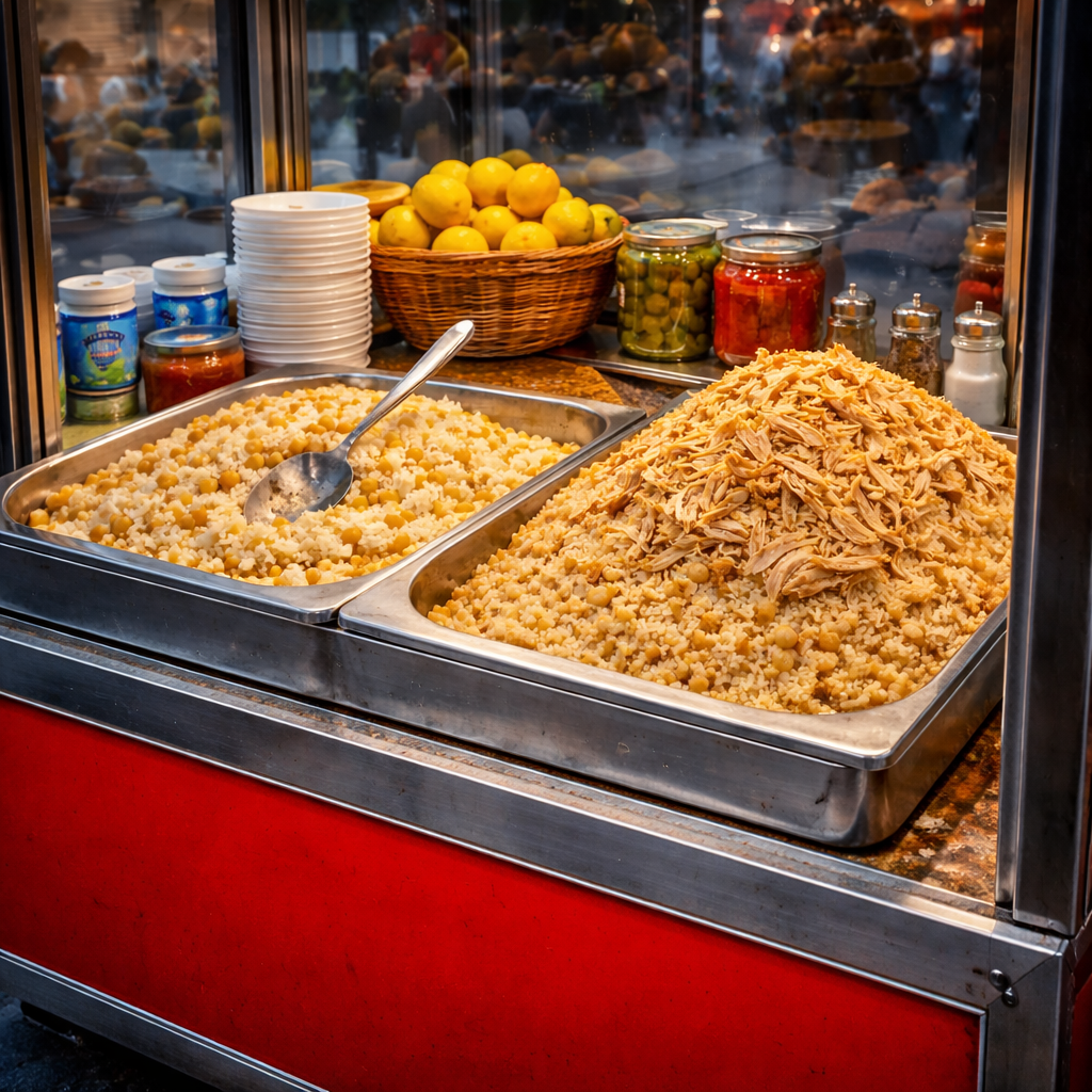 Red street cart selling nohutlu pilav in Istanbul