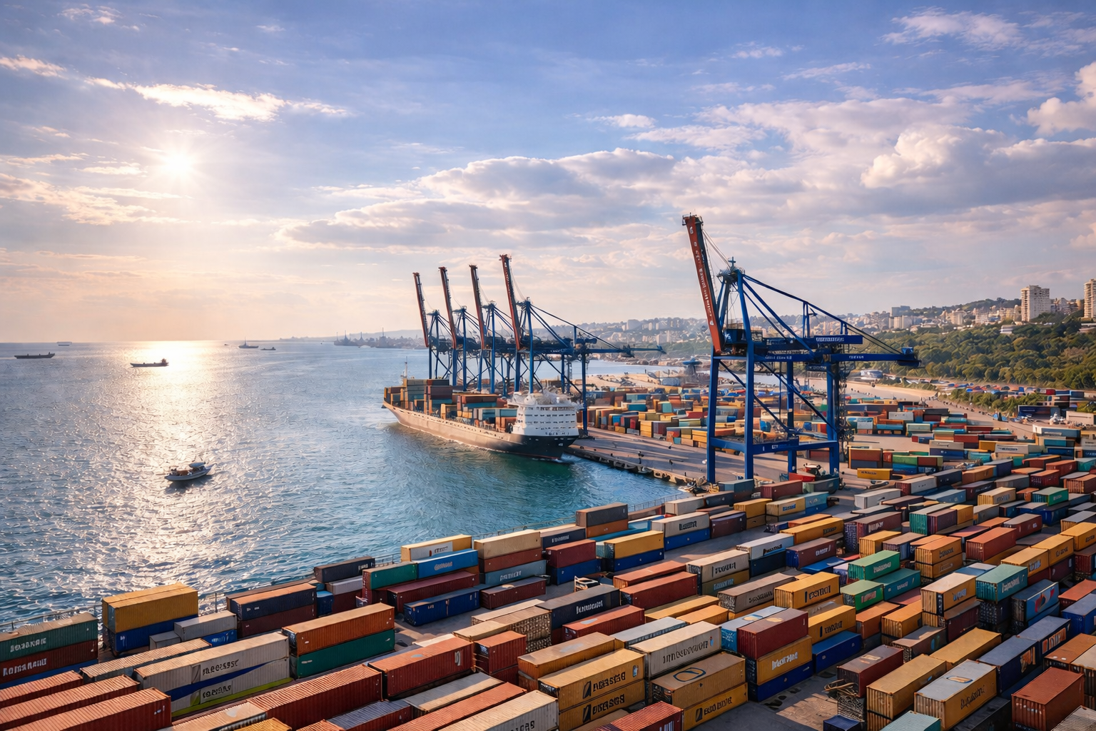 Container terminals and cranes at Ambarlı Port in Avcılar, with cargo ships operating along the Marmara Sea.