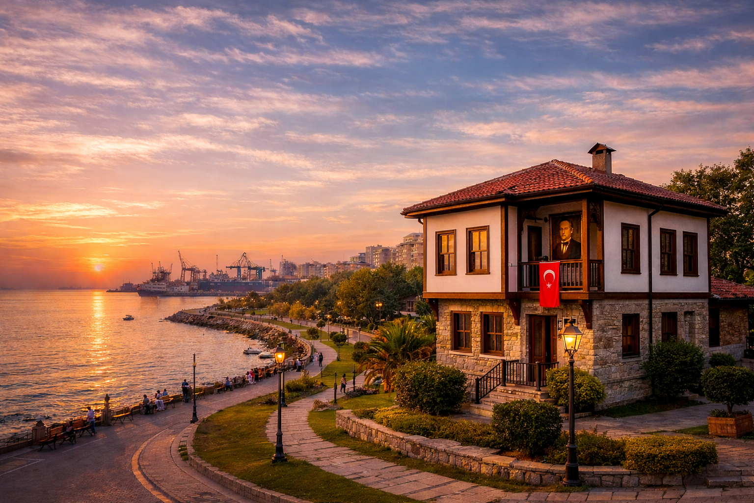 Sunset view of Avcılar coastline with the Marmara Sea, a seaside promenade, and the historic Atatürk House overlooking Ambarlı Port in Istanbul.