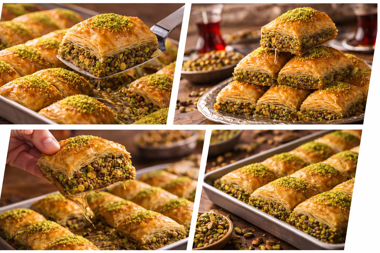 Freshly baked baklava trays with pistachio layers