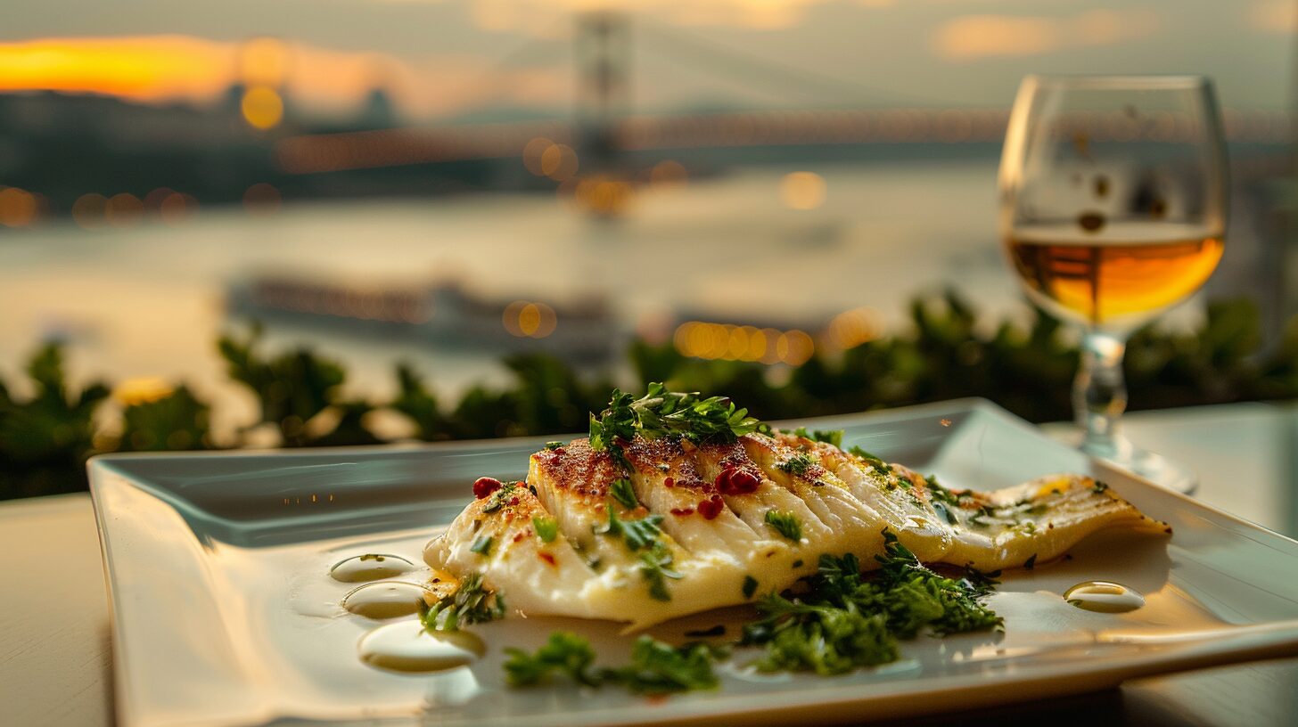 Chef-style grilled kalkan fish served on an elegant plate in Istanbul