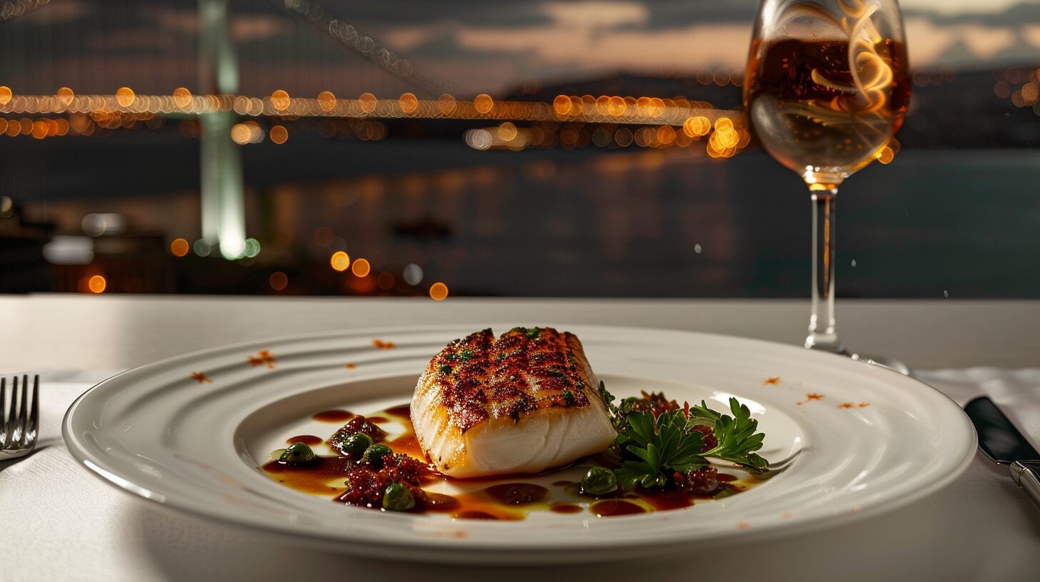 Seasonal kalkan fish presentation with rakı on a Bosphorus table