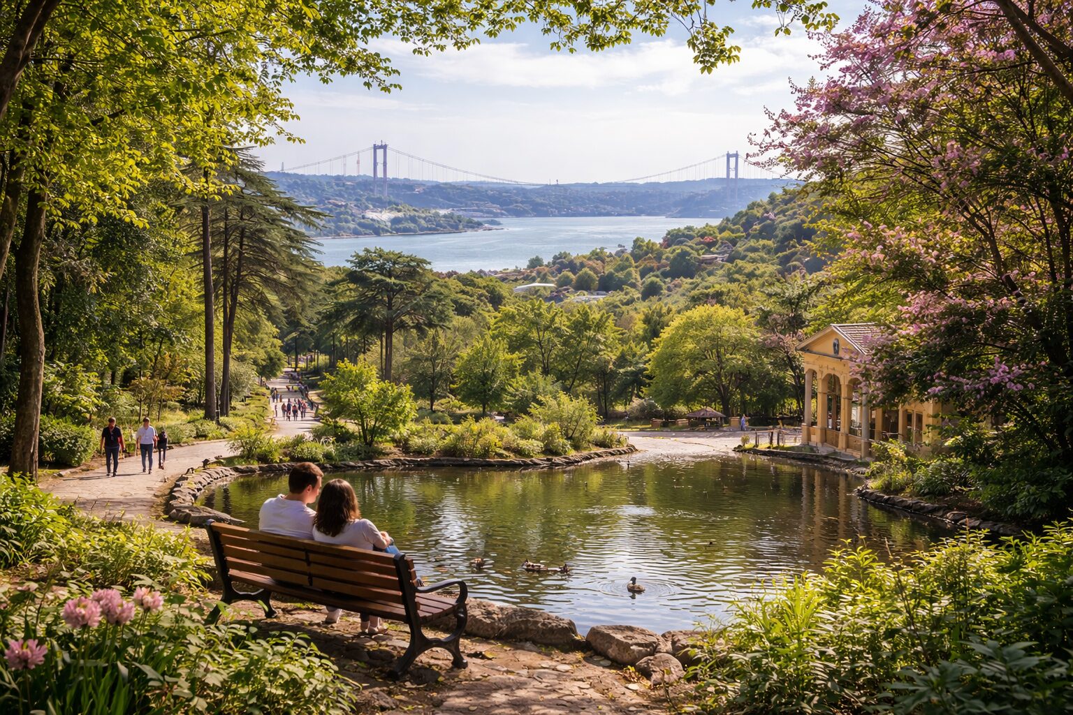Serene pond and greenery in Yıldız Park with Bosphorus views in the background